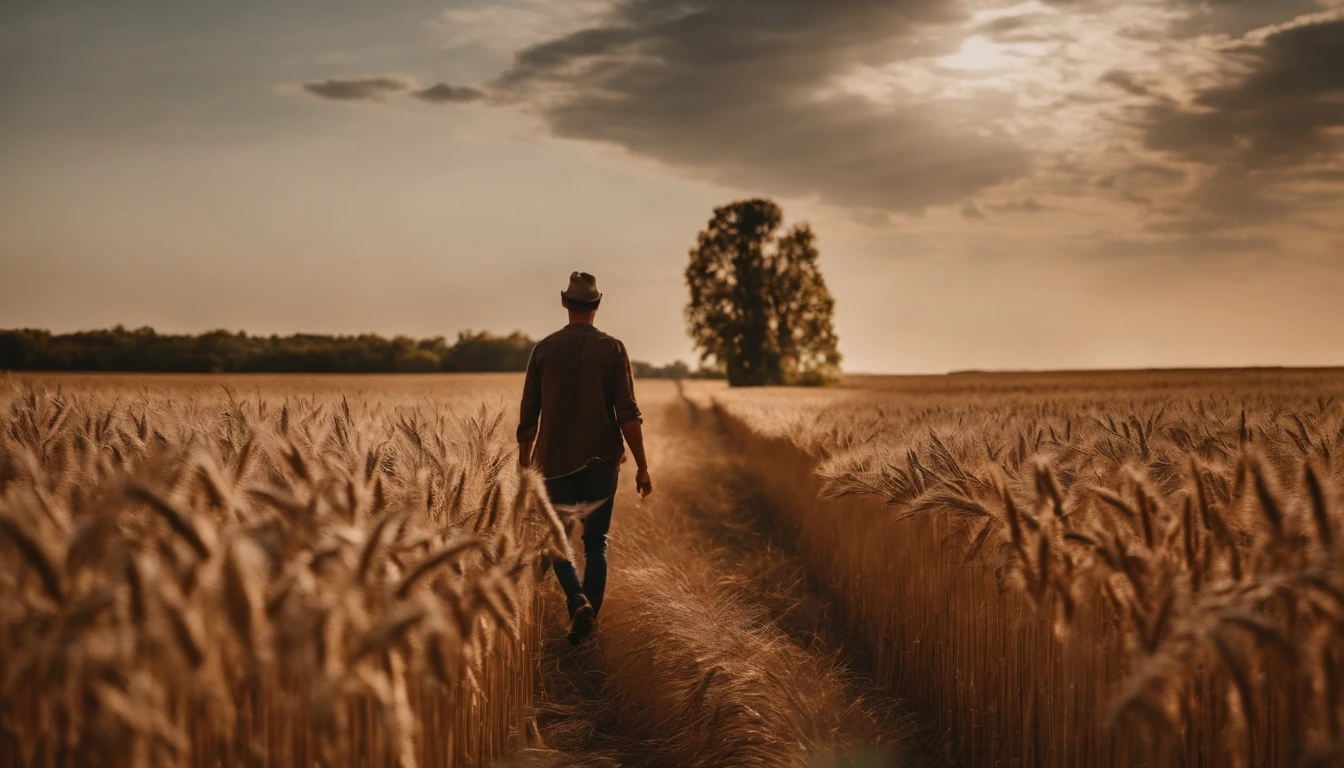 a lifestyle shot of a person walking through a wheat field, surrounded by the tall stalks, capturing the sense of being immersed in the beauty of nature
