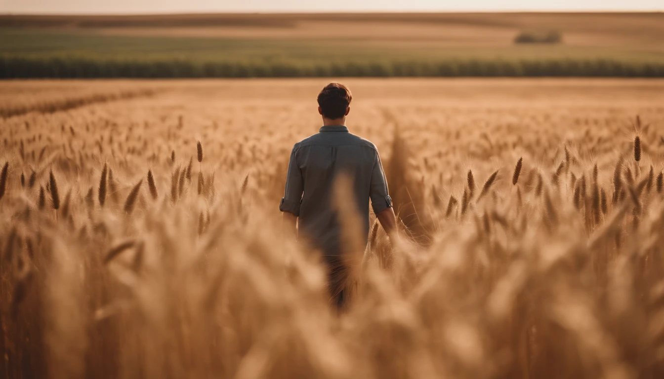 a lifestyle shot of a person walking through a wheat field, surrounded by the tall stalks, capturing the sense of being immersed in the beauty of nature