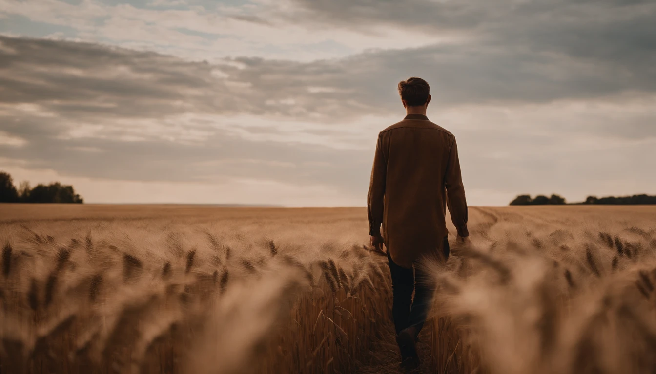 a lifestyle shot of a person walking through a wheat field, surrounded by the tall stalks, capturing the sense of being immersed in the beauty of nature