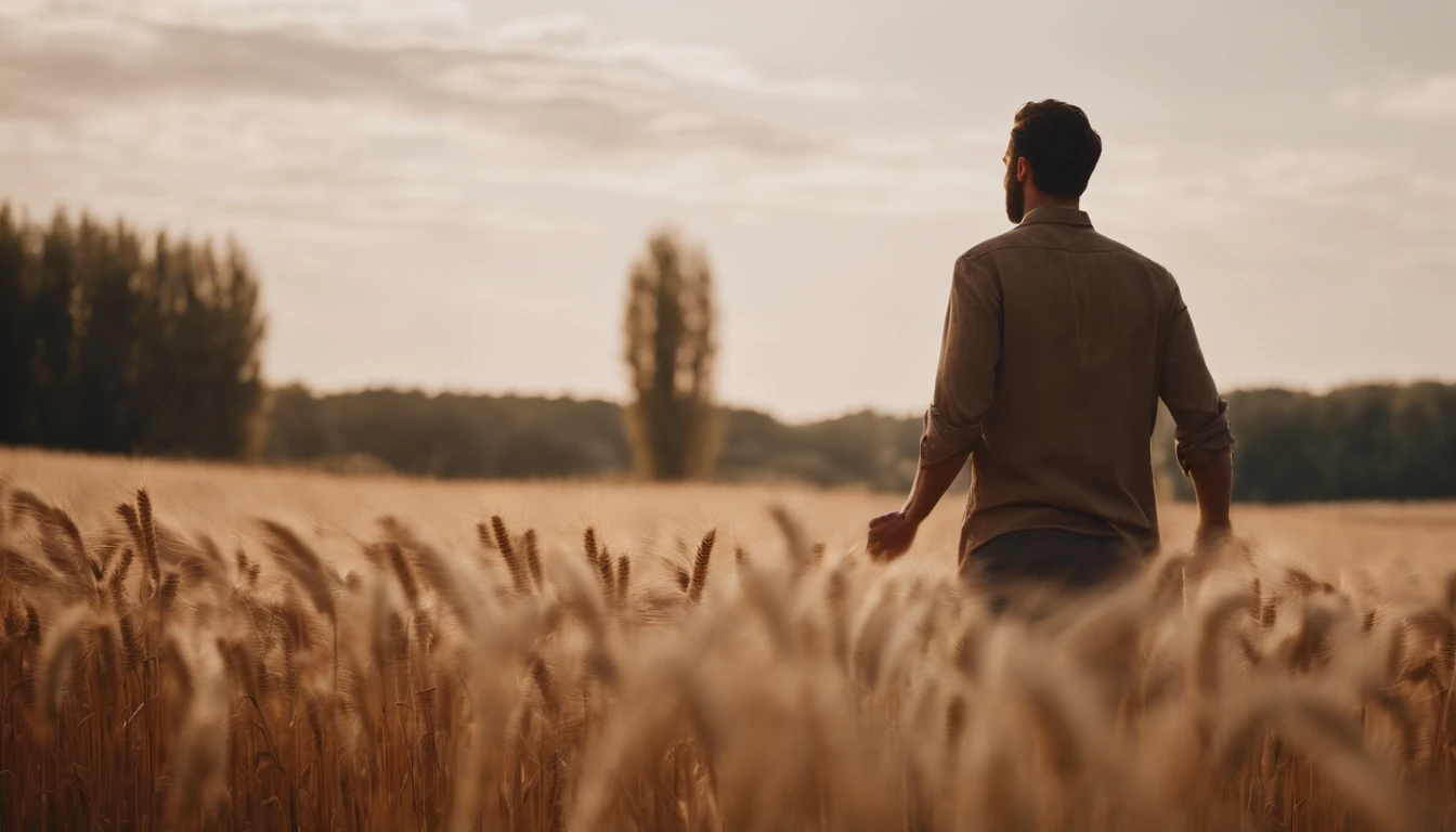 a lifestyle shot of a person walking through a wheat field, surrounded by the tall stalks, capturing the sense of being immersed in the beauty of nature