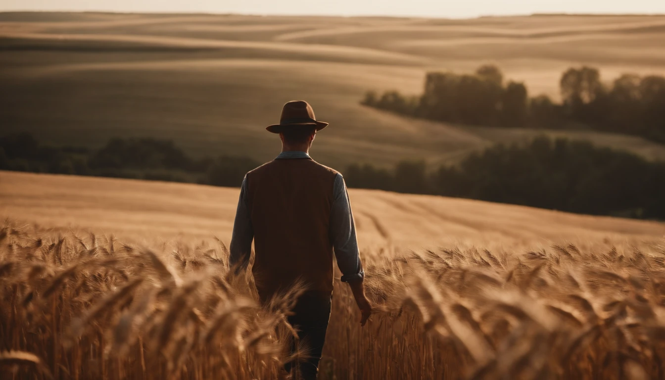 a lifestyle shot of a person walking through a wheat field, surrounded by the tall stalks, capturing the sense of being immersed in the beauty of nature