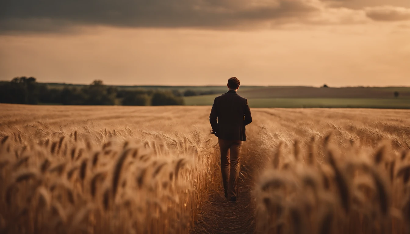 a lifestyle shot of a person walking through a wheat field, surrounded by the tall stalks, capturing the sense of being immersed in the beauty of nature