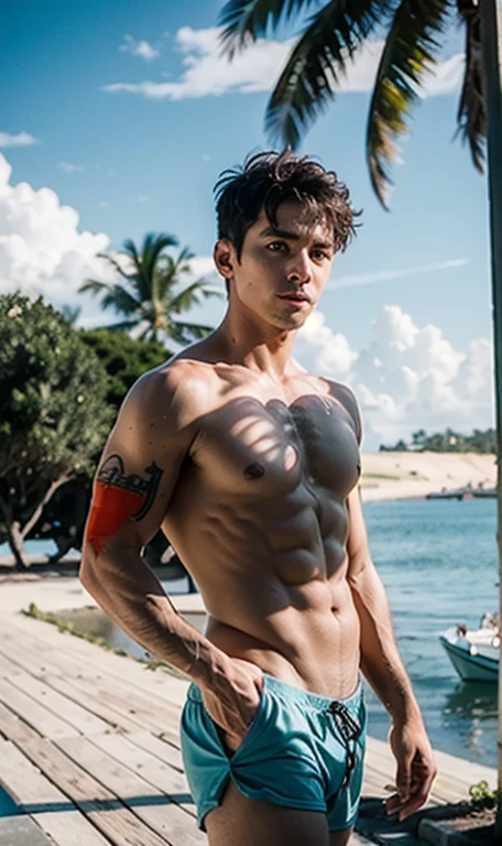 1 boy, sports body, sexy, standing in the sun, coconut tree, seaside, cute, (fully nude), 4k, short hair, (efeminate)