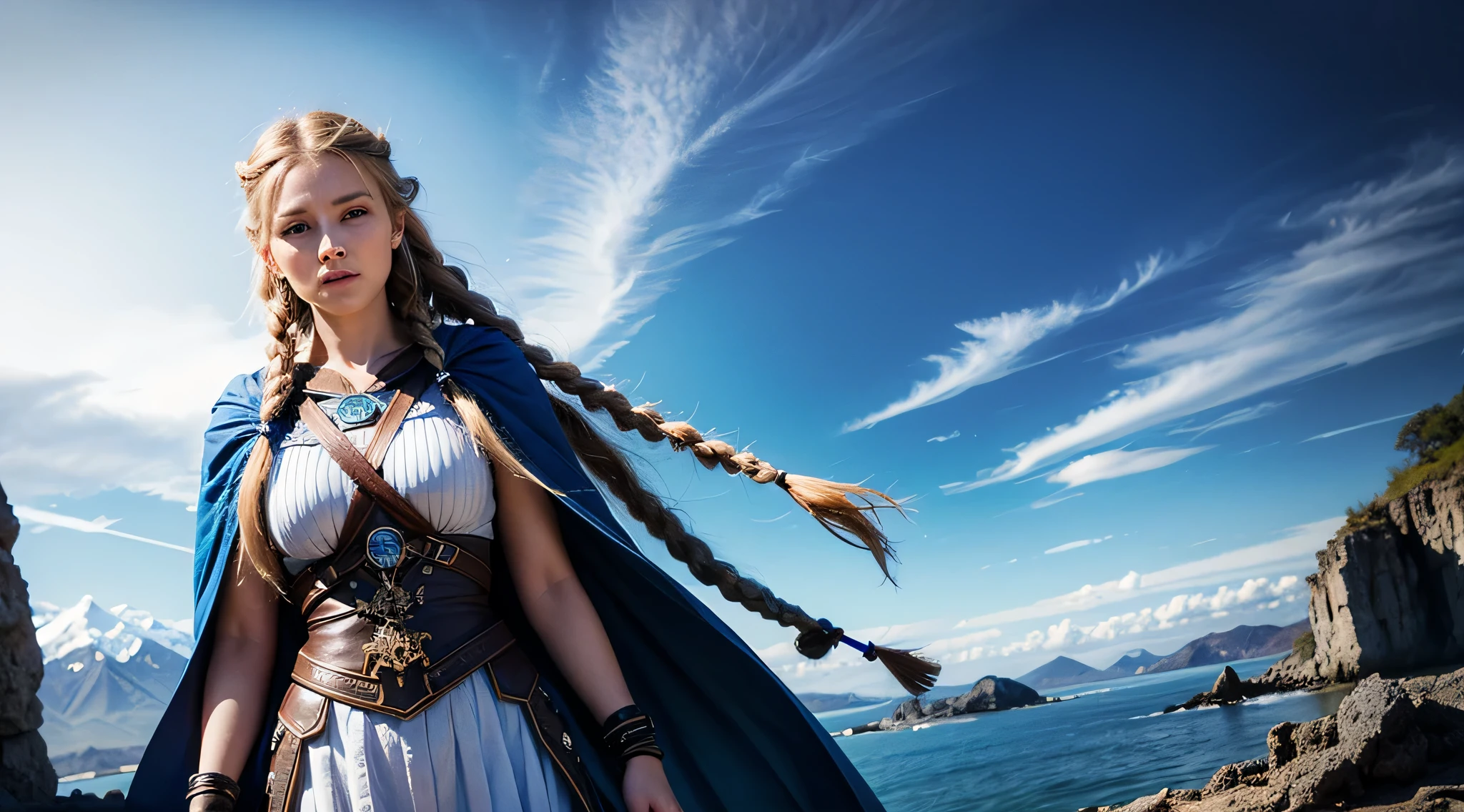 white woman with two braids and blue eyes, Olhando para o oceano, Mulher bonita e estilo viking, blonde braids and blue eyes, Two Long Braids, Two Long Braids, cabelos castanhos claros, olhos azuis, Olhos do Azure, Olhos azuis azuis, Woman with braided brown hair, olhos azuis impressionantes, Norse goddess, folded arms, fundo universo, Universo de fundo, folded arms, roupa futurista azul escuro cobrindo todo o corpo, roupa futurista azul escuro, uma pena azul escura no cabelo, 2 long braids in the hair going down the back