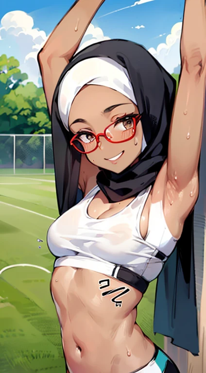 Photo of a young malay female with small breasts (((stretching))), inside (public park), 20yo, petite, skinny, slender body, short body, ((((dark skin)))), dimples, light, detailed face,seductive face, ((looking horny)),((very happy)), (((smile))), Perfect breasts, tiny breasts, flat breast, flat chest, natural breasts, A cup, (((hijab))), (((glasses))),(((colorful sports bra))), ((((breast out)))), (((colorful sports panties))), (sweat)