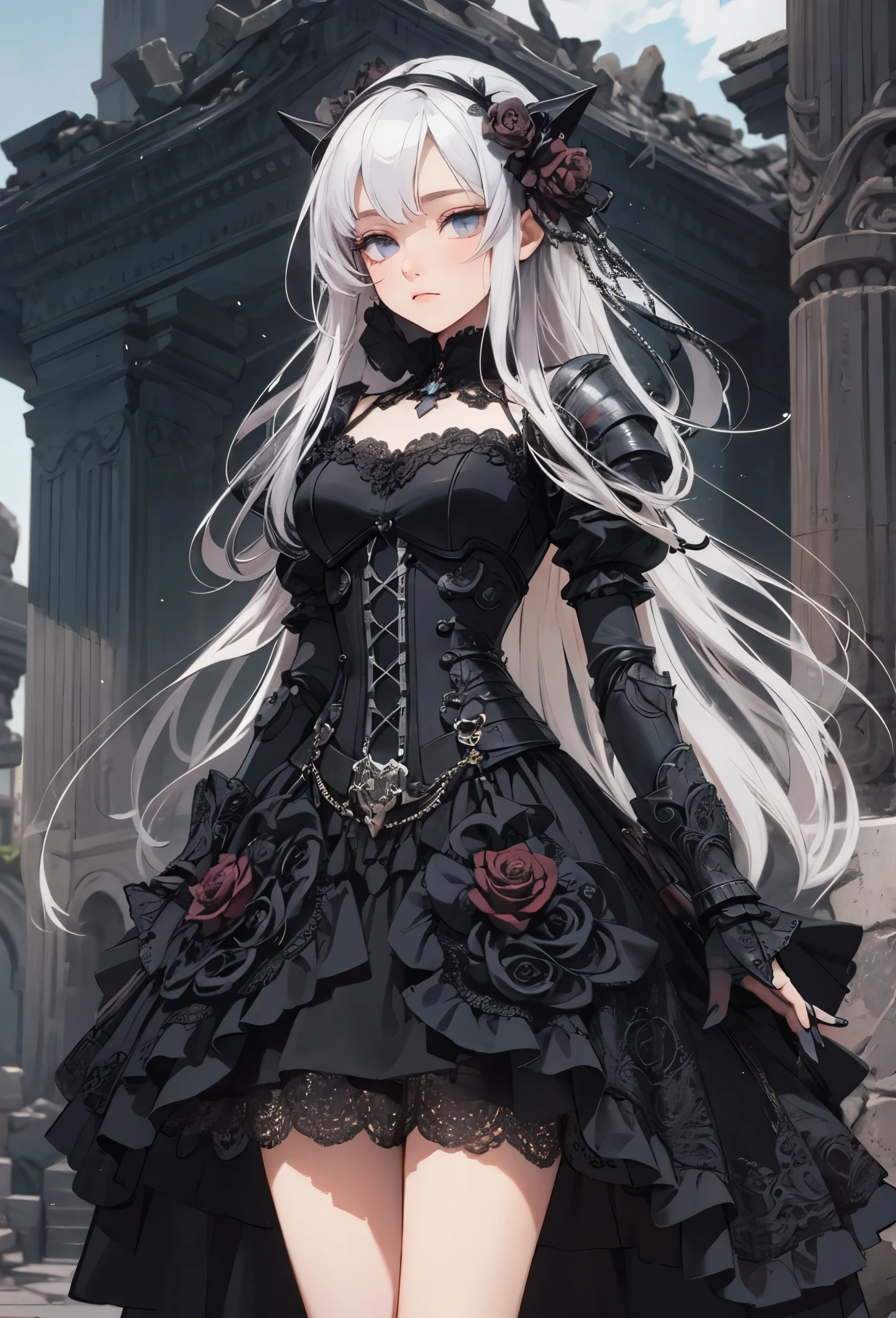 (Detailed illustrations,Very detailed and detailed drawing,Delicate lines with slow and rapid,Realistic texture expression),[Color tressed main line],[Ruins of a super-ancient civilization],[ANIME] (MACHINEAlice Beauty ) stright long hair [AUTOMATON],([Black Rose] Black dress) (Cyber Alien Armor [Through the material]) [caltrop] chains [Titanium alloy] [[Through the material]],Cybernetic Gothic Lolita,(Intre and beautiful decoration [Dense detail]),(Fine and beautiful skin expression [Transparency]),[完璧な目のdetaileds (Iris beautifully drawn in every detail)[Jewel-like eyes]],[long and beautiful eyelashes],[Meticulously drawn hair [美しく艷やかな髪のdetaileds]],(完璧な手のdetaileds [Beautiful fingers without breakdowns [Beautiful nails]]),(Perfect Anatomy(Perfectly proportioned))[[Full body like]],[[Design built to the highest level]][Ideal color coordination(Accurate simulation of light-material interactions)],([Precision Detail](detaileds,high-detail)),[Visual art that conveys a sense of narrative].