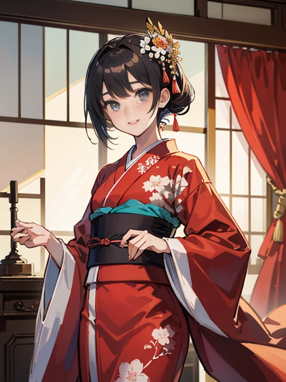 Master Pieces,hyper quality, Hyper Detailed,Perfect drawing,独奏、Beauty in the world、Komono、Sagging Japanese dresses、Japanese hair、Colorful Japan kimono、Uchikake、Nishijin Ori、Delicate and smart eyes、ssmile、sidelong glance、Graceful、Gorgeous、red blush(0.2)、Dazzling、Stunning、Gorgeous、Gentle、Shunguang、natural soft light、traditional Japanese room、Accurate drawing、Detailed drawing、