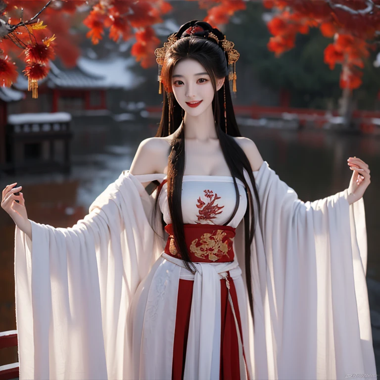 supernatural fiction,Oriental ghost girl,,antique red elements,The skin is as white as snow,Long black hair that reaches the waist,lusty smile,Willow waist,Chinese ancient style background at midnight
