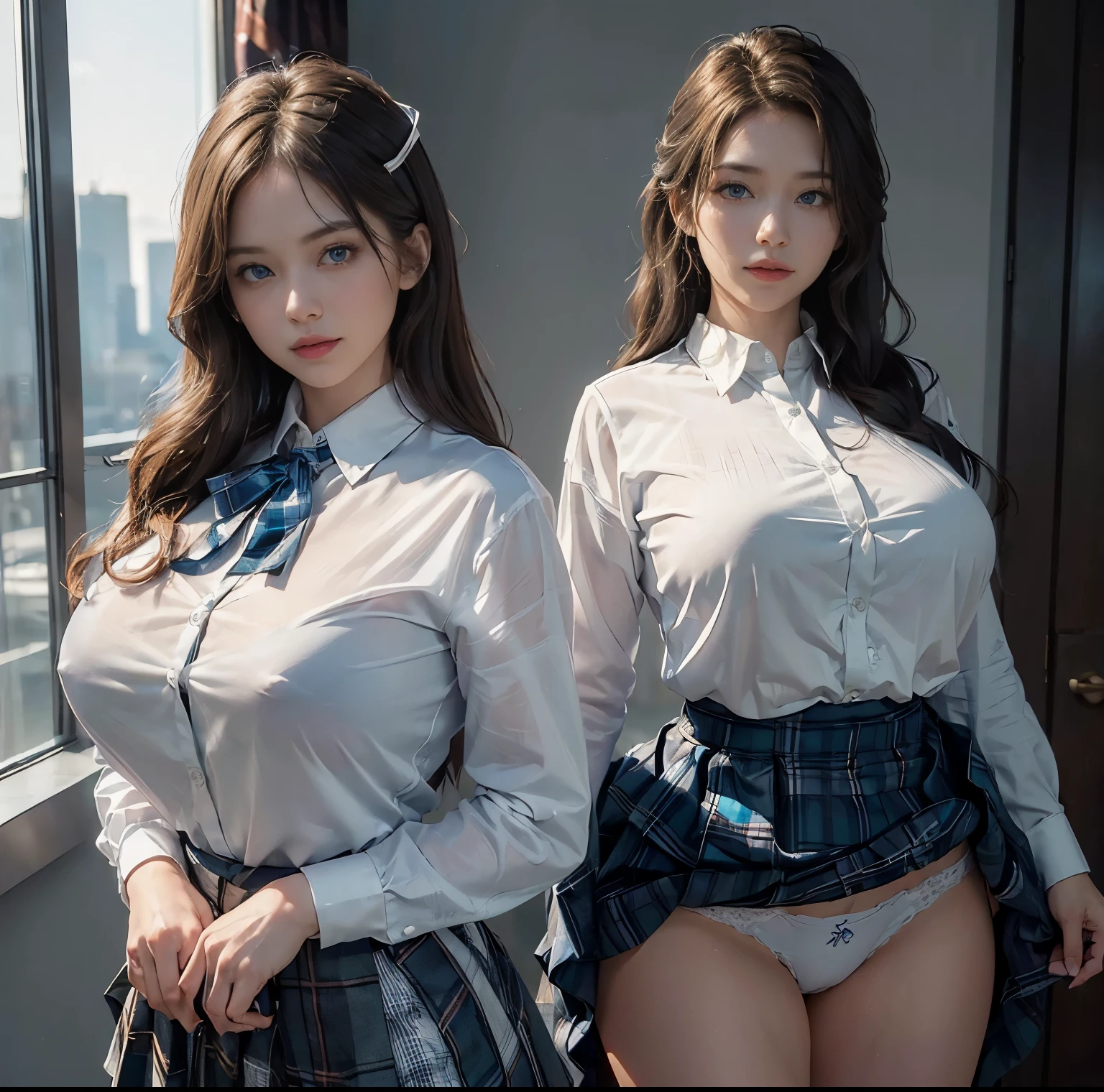 top-quality, 8K picture quality, masterpiece, profetional lighting, (Two women are standing facing each other:1.2), (Super huge breasts compressed with clothes:1.2), Whitening Skin, Sparkling blue eyes, (A tight pure white shirt that completely covers her huge breasts.:1.3), Ribbon Ties, Amazingly short super mini pleated tartan check skirt, (The upper body is hidden by the shirt and no skin is visible.:1.4), (Curly waist), Above the knee, White panties, Skirtliftv1