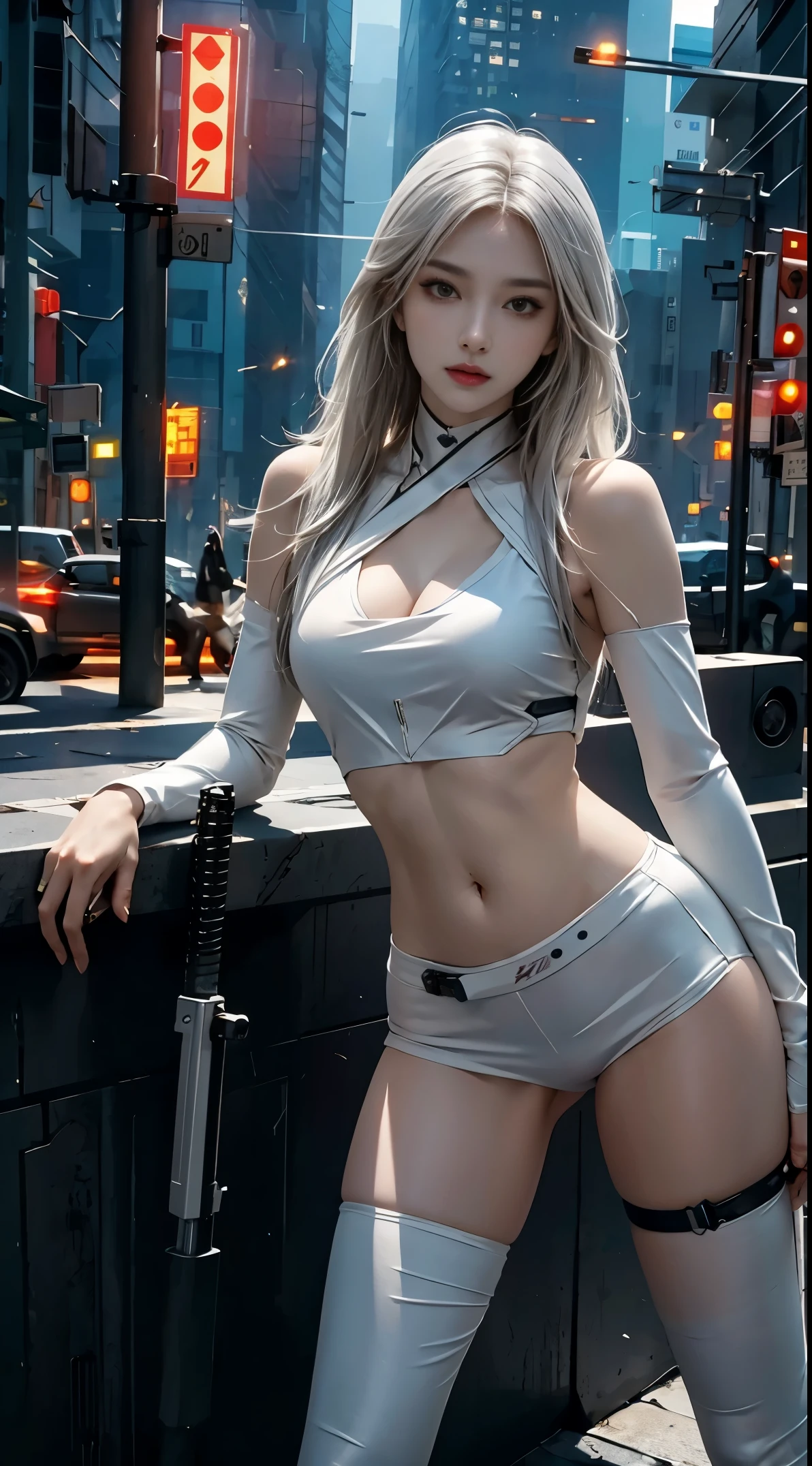 photorealistic, high resolution, soft light,1women, solo, hips up, (detailed face), white long hair, cybersamurai, cyborg at leg and arm, naked body, small breast, cyberpunk, holding weapon,glowing,gun, sniper, on the street