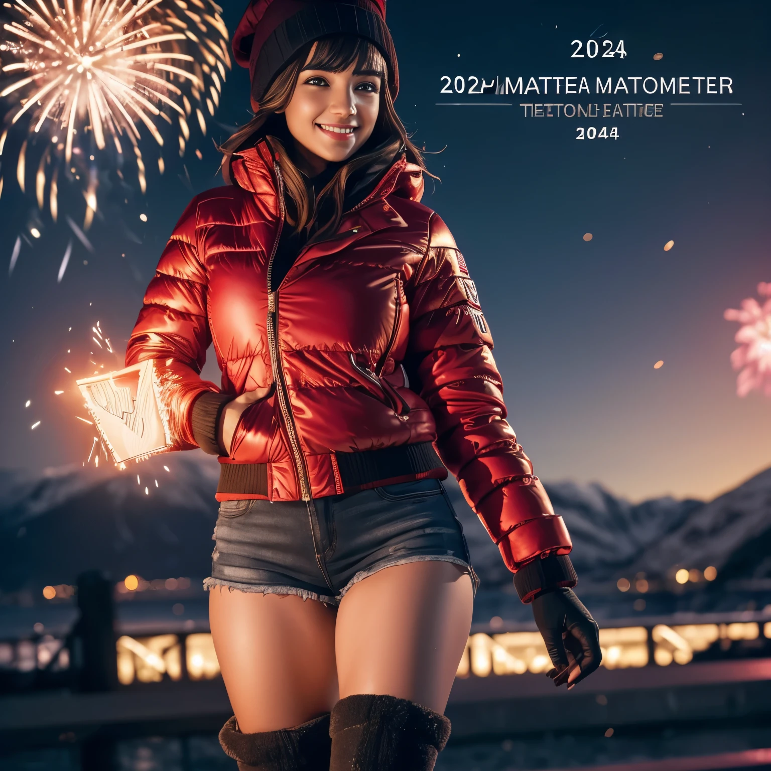 (text "2024" in flaming letters:1.5),Isabela Merced, smiling, (big breasts), bob_cut hair, cleavage, red jacket, black knee_high boots, snow, mittens, wool hat, celebrating New_Years_Eve, fireworks, norway,(skin texture:1.1) , (high detail face:1.1), high detail body, high detail clothes), (realistic), ultra high definition, 4k, ultra high resolution