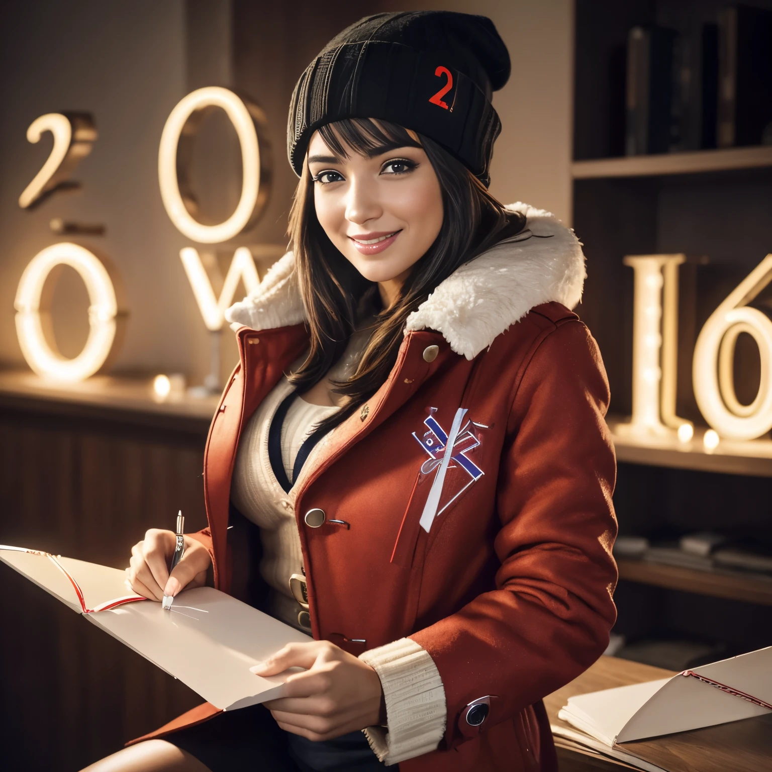 (text "2024" in flaming letters:1.5),Isabela Merced, smiling, (big breasts), bob_cut hair, cleavage, red jacket, black knee_high boots, snow, mittens, wool hat, celebrating New_Years_Eve, fireworks, norway,(skin texture:1.1) , (high detail face:1.1), high detail body, high detail clothes), (realistic), ultra high definition, 4k, ultra high resolution