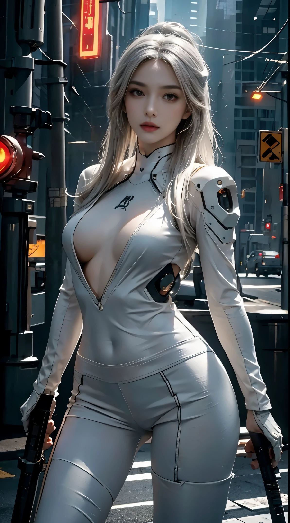 photorealistic, high resolution, soft light,1women, solo, hips up, (detailed face), white long hair, cybersamurai, cyborg at leg and arm, naked body, small breast, cyberpunk, holding weapon,glowing,gun, sniper, on the street