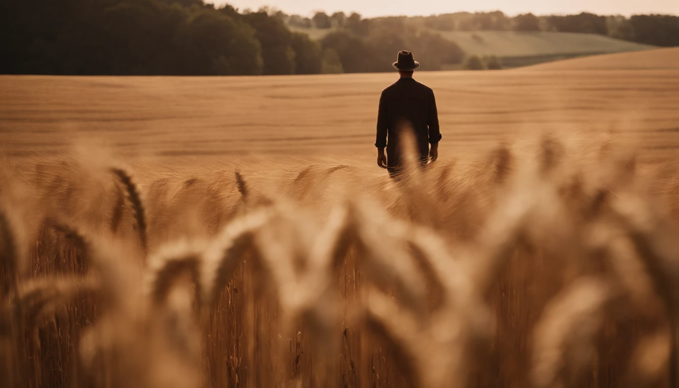 a lifestyle shot of a person walking through a wheat field, surrounded by the tall stalks, capturing the sense of being immersed in the beauty of nature