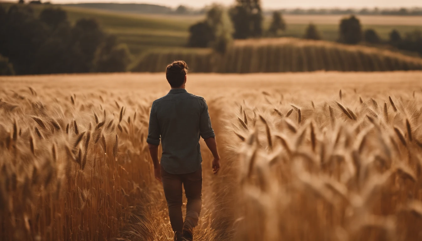 a lifestyle shot of a person walking through a wheat field, surrounded by the tall stalks, capturing the sense of being immersed in the beauty of nature