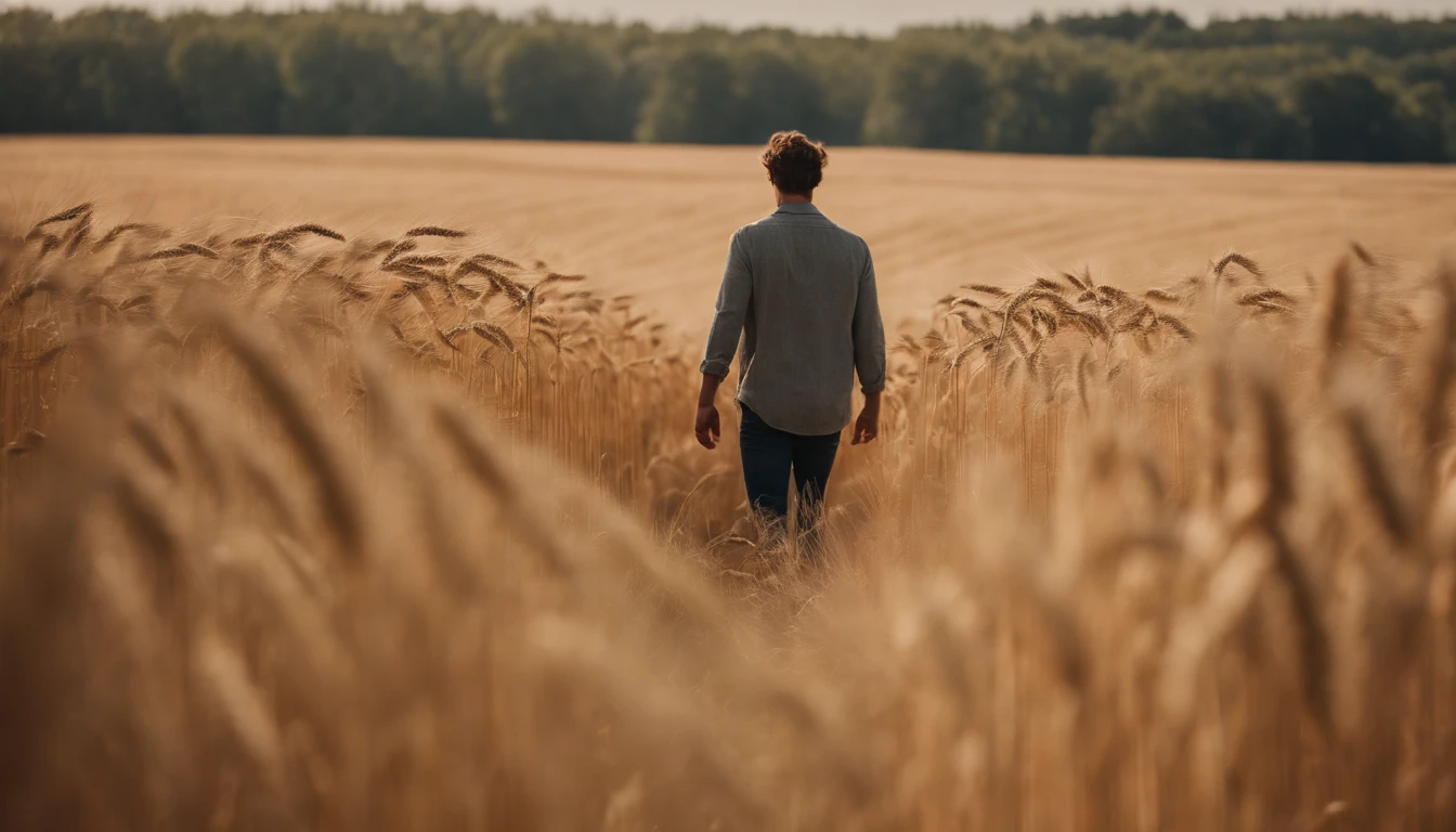 a lifestyle shot of a person walking through a wheat field, surrounded by the tall stalks, capturing the sense of being immersed in the beauty of nature