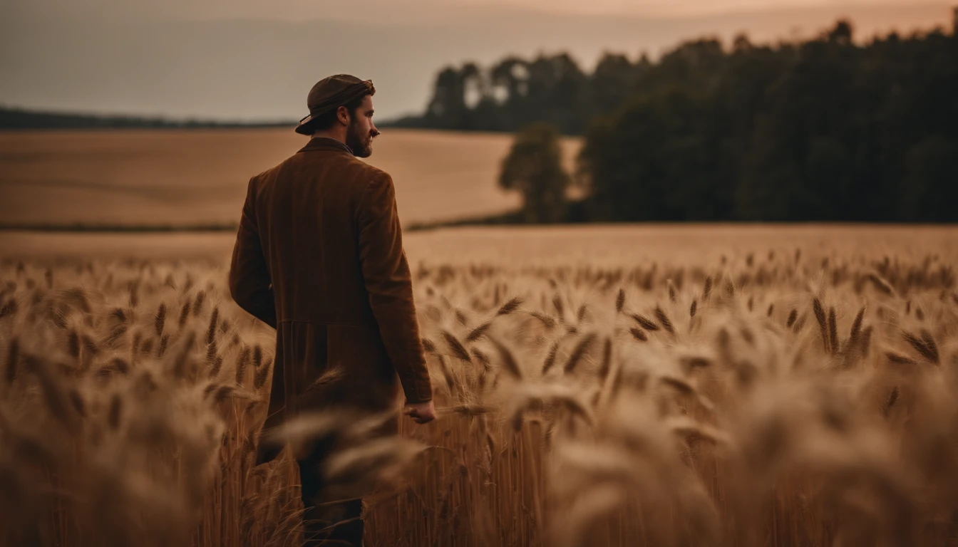 a lifestyle shot of a person walking through a wheat field, surrounded by the tall stalks, capturing the sense of being immersed in the beauty of nature