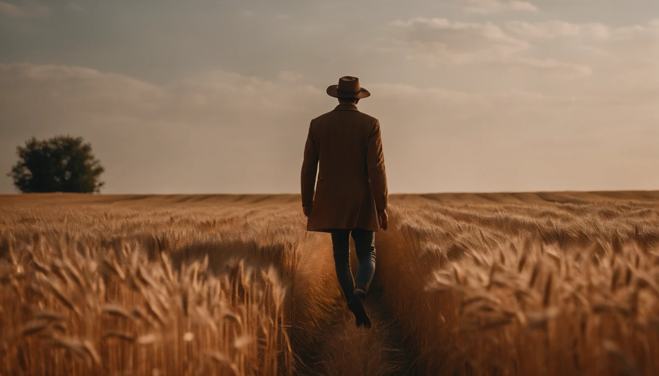 a lifestyle shot of a person walking through a wheat field, surrounded by the tall stalks, capturing the sense of being immersed in the beauty of nature