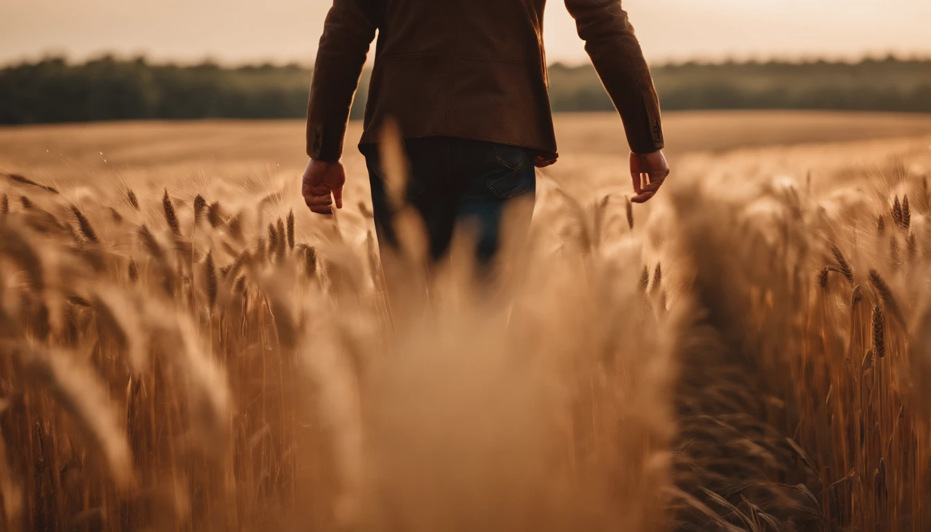a lifestyle shot of a person walking through a wheat field, surrounded by the tall stalks, capturing the sense of being immersed in the beauty of nature