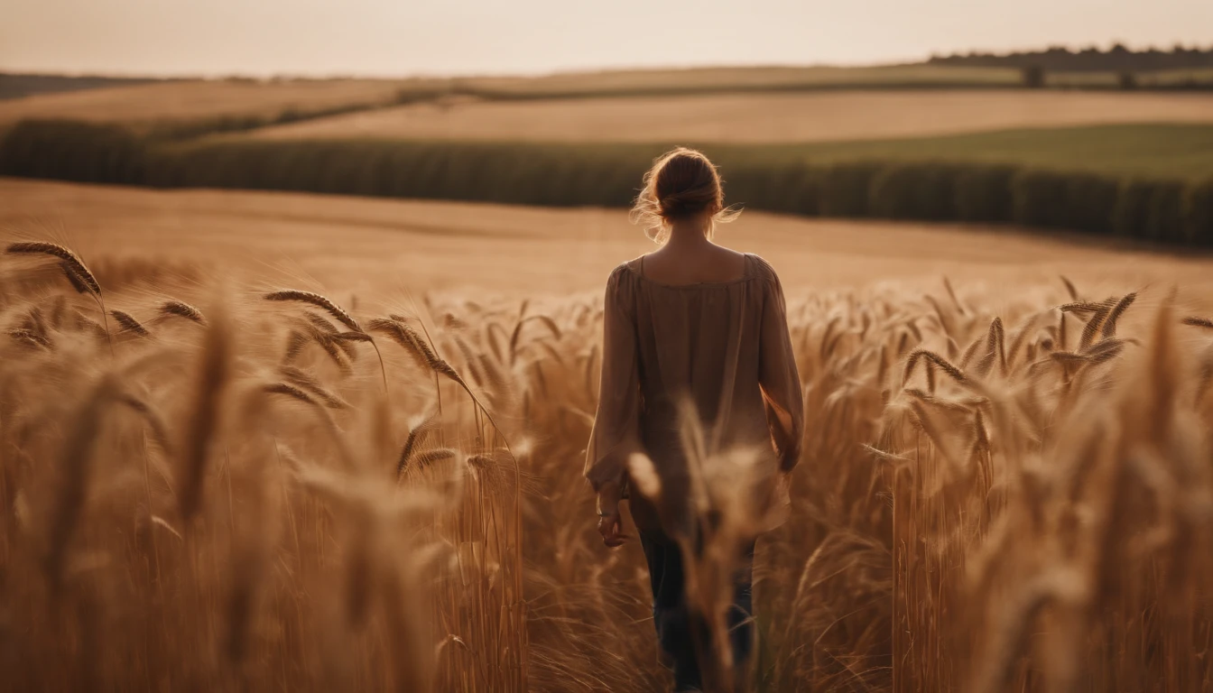 a lifestyle shot of a person walking through a wheat field, surrounded by the tall stalks, capturing the sense of being immersed in the beauty of nature