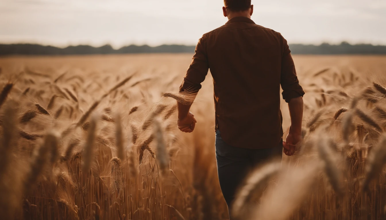 a lifestyle shot of a person walking through a wheat field, surrounded by the tall stalks, capturing the sense of being immersed in the beauty of nature