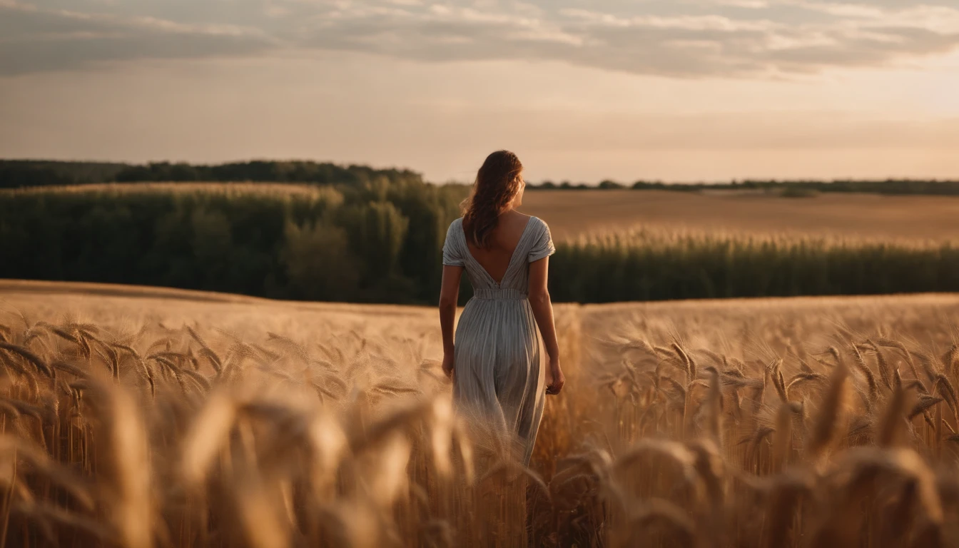 a lifestyle shot of a person walking through a wheat field, surrounded by the tall stalks, capturing the sense of being immersed in the beauty of nature