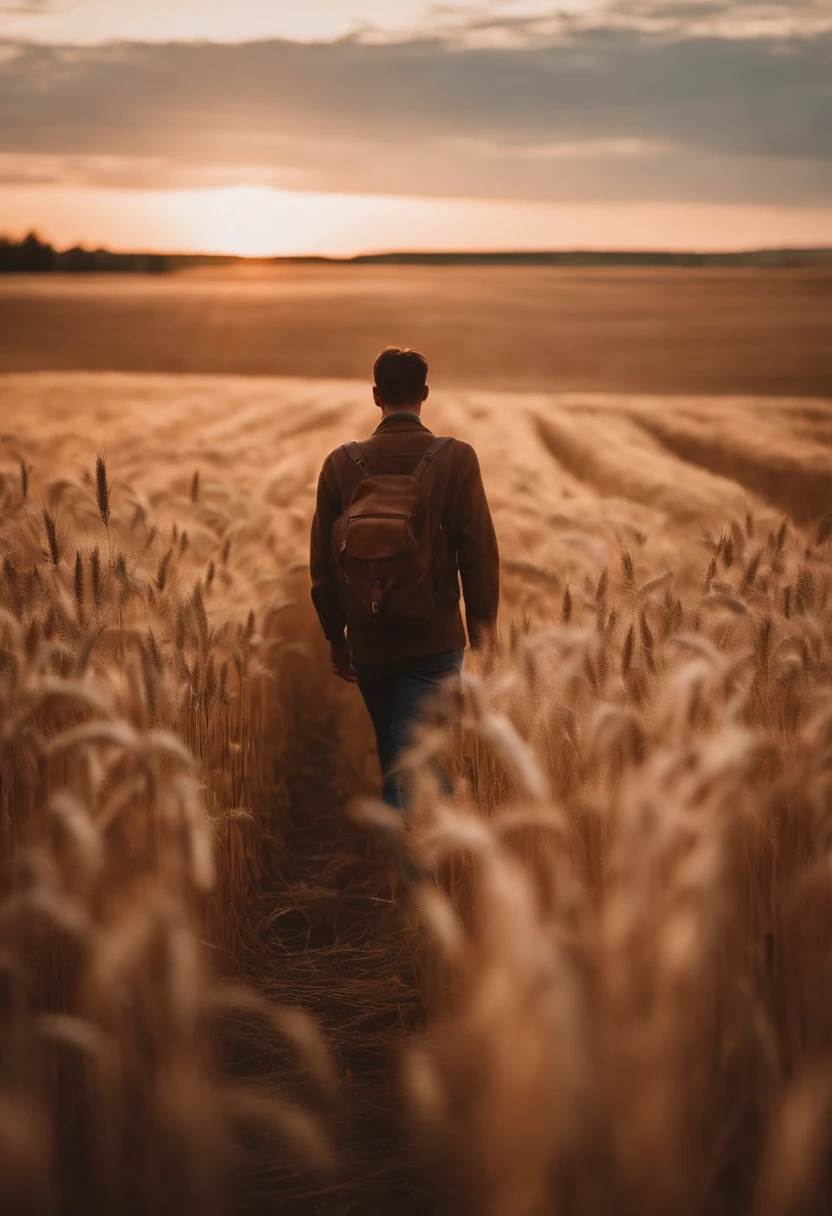 a lifestyle shot of a person walking through a wheat field, surrounded by the tall stalks, capturing the sense of being immersed in the beauty of nature