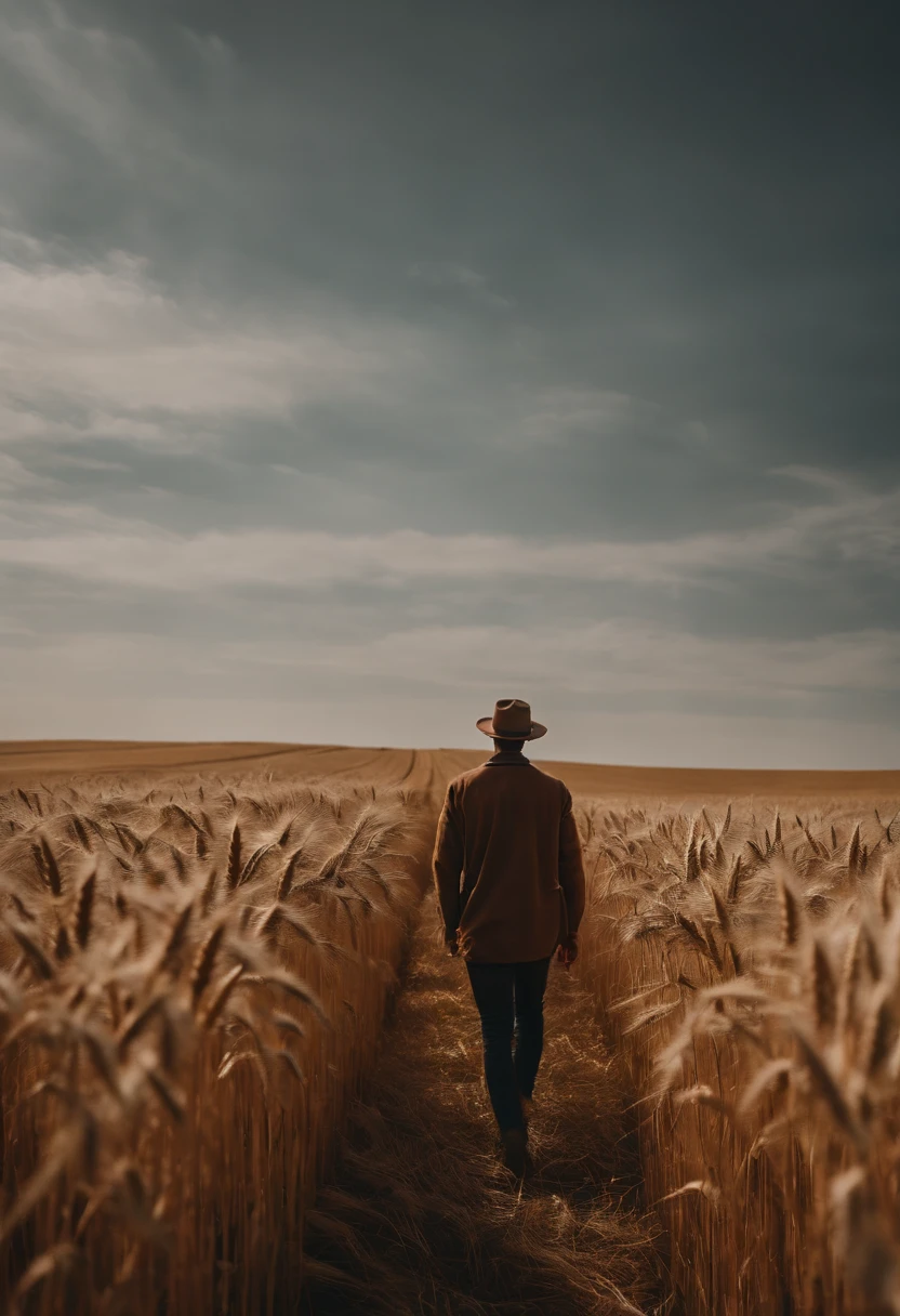 a lifestyle shot of a person walking through a wheat field, surrounded by the tall stalks, capturing the sense of being immersed in the beauty of nature