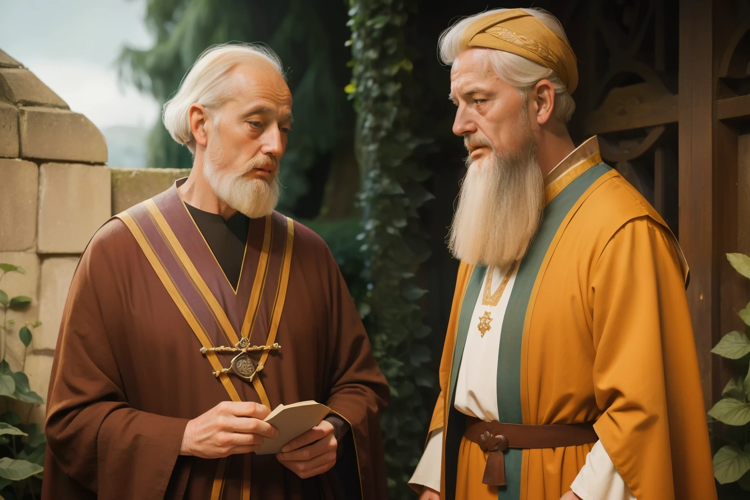 1170, Kingsbridge, England. Otherworldly scene in a medieval monastery garden, ((((61-year-old)) Richard Rankin)), monk, old, wrinkles, grey hair, ((worried expression)), talking to a younger monk, ((((tunic from the 12th century)))), ((Hairstyle of the 12th century)), ((Wes Anderson cinematic style)), colorful