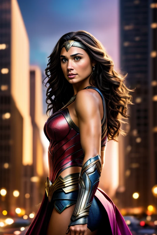 Un primer plano de una mujer disfrazada con capa, portrait of Mujer Maravilla, Mujer Maravilla, dressed as Mujer Maravilla, gal gadot as Mujer Maravilla, superhero portrait, margot robbie as Mujer Maravilla, Pintura sexy de Gal Gadot, Retrato de Gal Gadot, Retrato de Gal Gadot, Mujer preciosa, dwayne johnson as Mujer Maravilla, hero pose colorful city lighting