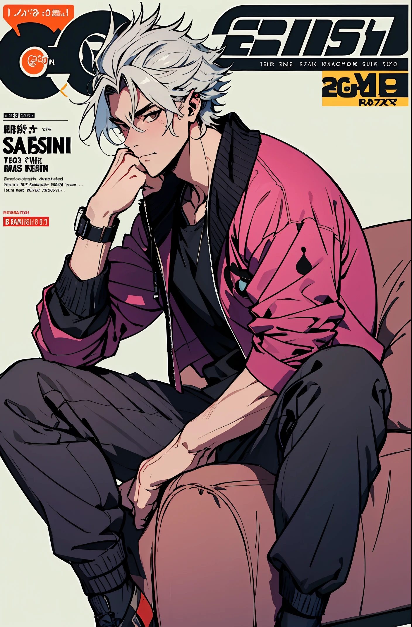 a mais alta qualidade, 8k, image high resolution, Jujutsu kaisen estilo anime , Arataki Itto, Detailed strokes, fundo desfocado, (a magazine cover style), purple light reflecting on him , (angulo de perto), 1 homem, jovem, masculo, modelo, bandeide na boca, sitting on a sofa , multicolored background with various geometric shapes , stikers em volta, musculoso, cabelo vermelho, vestindo uma jaqueta fria , olhos marcantes , com a camisa, Peito inchado