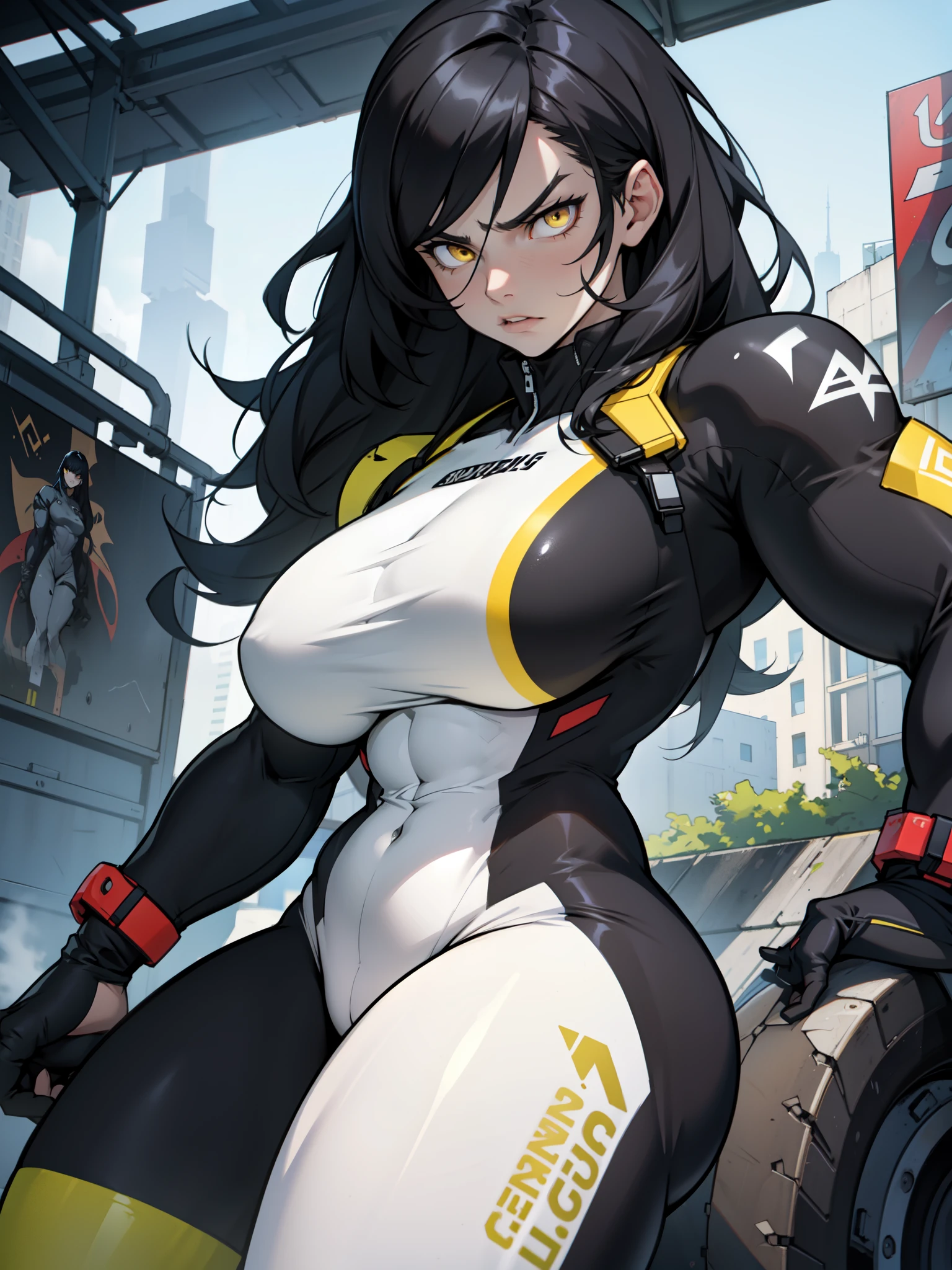 best quality best quality best quality black hair yellow eyes pale skin muscular huge greasts thick thighs angry solo extremely long hair girl body suit highly detailed highly detailed thick thick