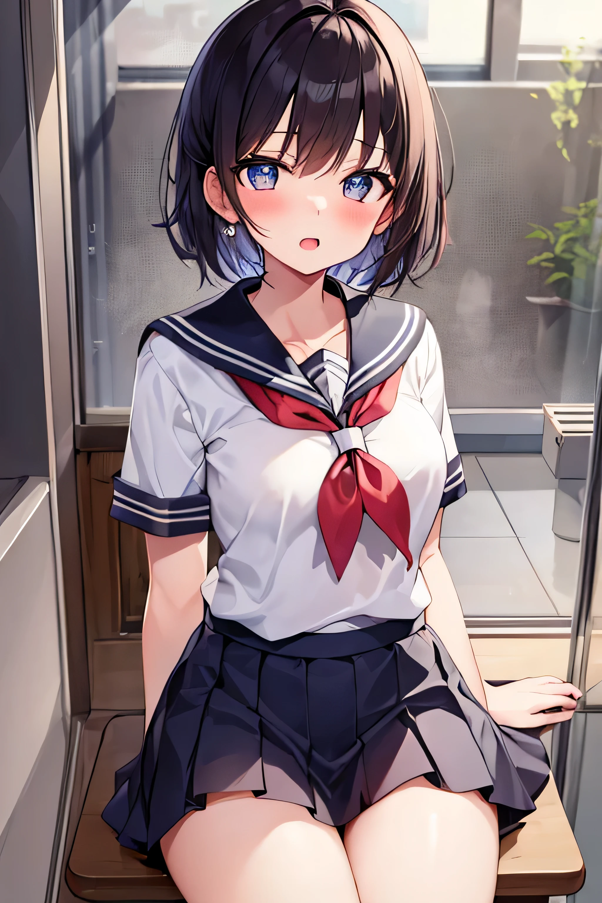 high-level image quality、top-quality、Detailed drawing、Does not blush cheeks、Slender adult beauty、Sailor School Swimsuit、Small eyes、Smaller chest、Inner thigh-sitting、Petanko sitting、Bery short hair