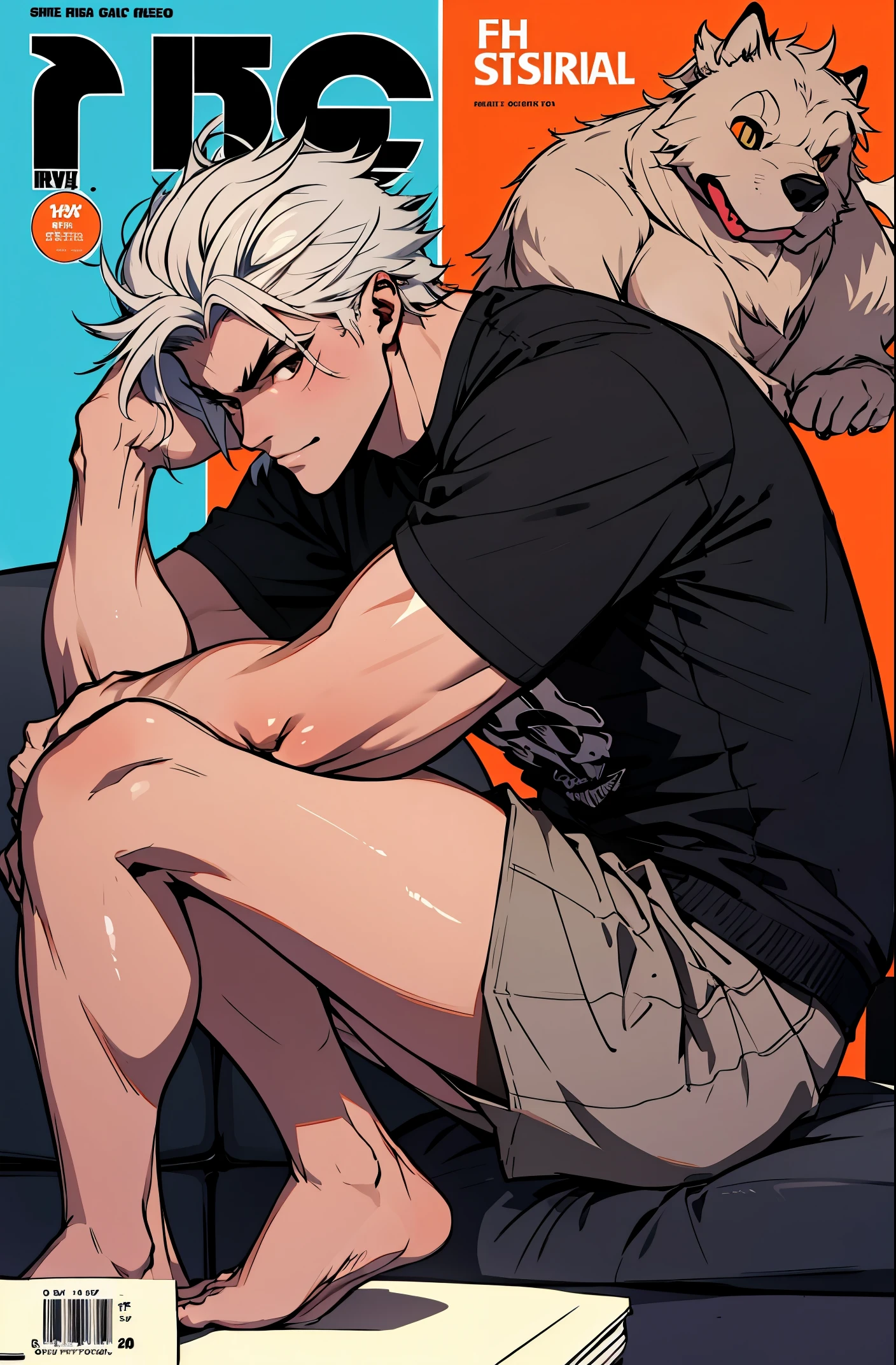 a mais alta qualidade, 8k, image high resolution, Jujutsu kaisen estilo anime , Arataki Itto, Detailed strokes, fundo desfocado, (a magazine cover style), purple light reflecting on him , (angulo de perto), 1 homem, jovem, masculo, modelo, bandeide na boca, sitting on a sofa , multicolored background with various geometric shapes , stikers em volta, musculoso, cabelo vermelho, vestindo uma jaqueta fria , olhos marcantes , com a camisa, Peito inchado