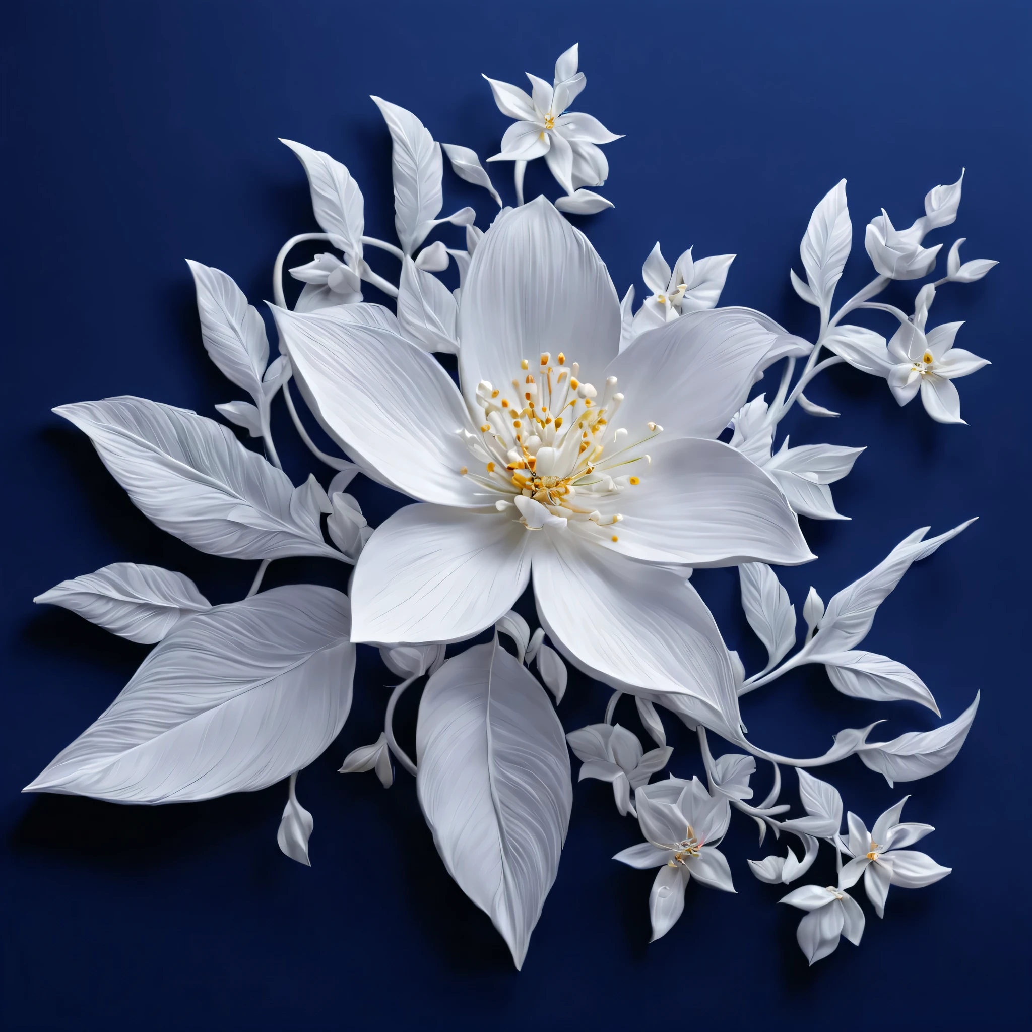 1 jasmine flower, white, There are vines.., Sharp fins, 3D high relief, Thai pattern sculpture, The most beautiful, beste-Qualit, high sharpness, smooth, Aluminum, color contrast, glow, dark blue background