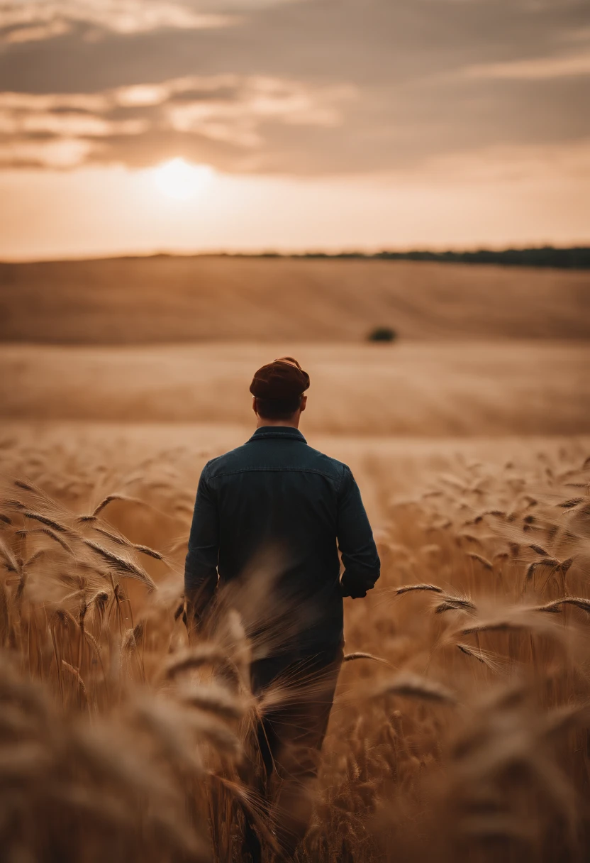 a lifestyle shot of a person walking through a wheat field, surrounded by the tall stalks, capturing the sense of being immersed in the beauty of nature