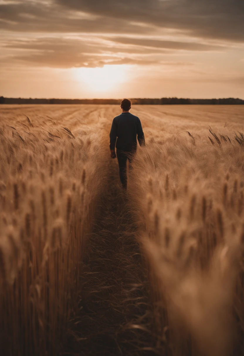a lifestyle shot of a person walking through a wheat field, surrounded by the tall stalks, capturing the sense of being immersed in the beauty of nature