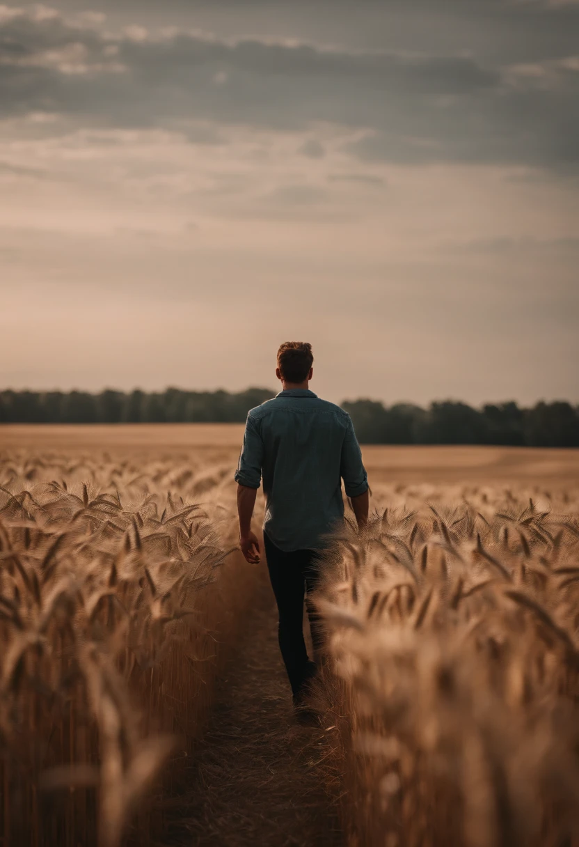 a lifestyle shot of a person walking through a wheat field, surrounded by the tall stalks, capturing the sense of being immersed in the beauty of nature