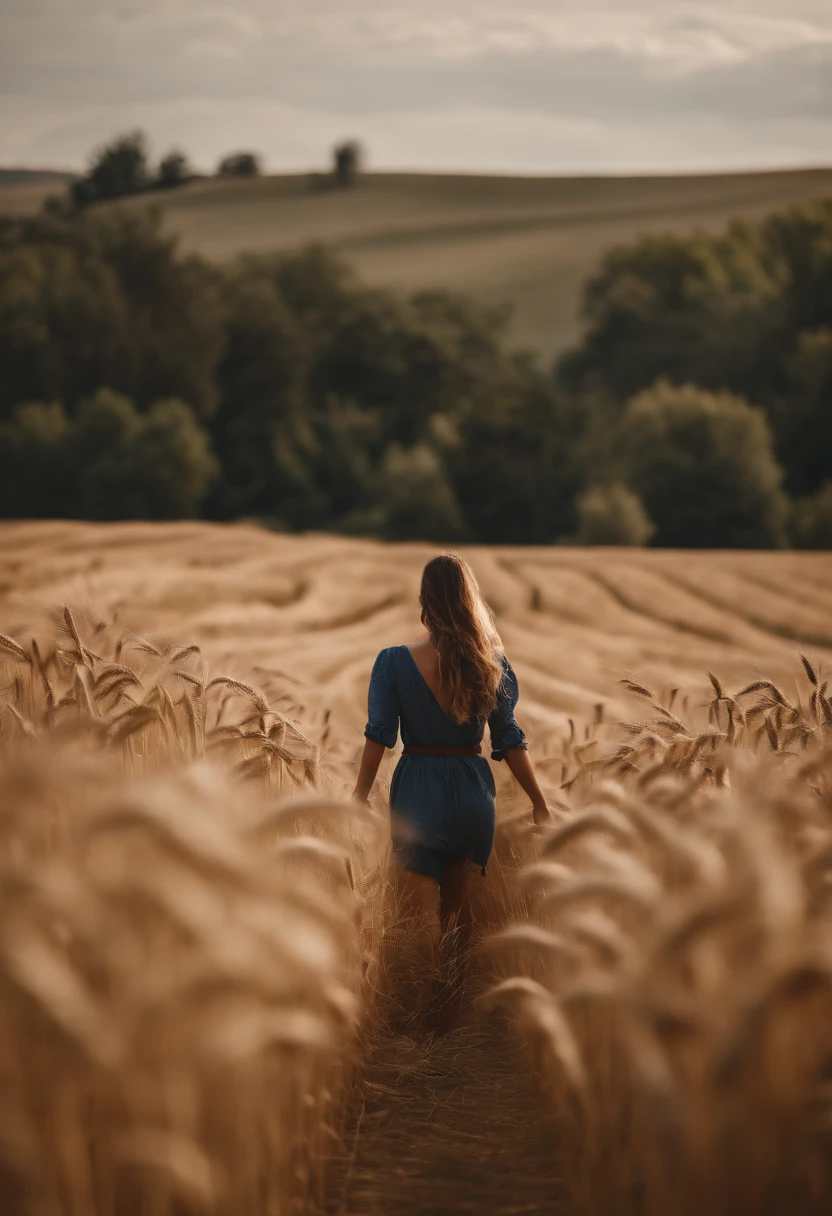 a lifestyle shot of a person walking through a wheat field, surrounded by the tall stalks, capturing the sense of being immersed in the beauty of nature