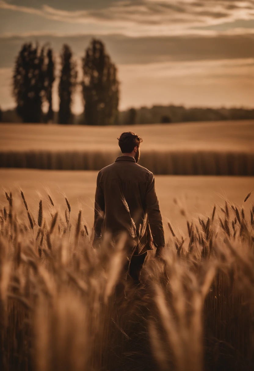 a lifestyle shot of a person walking through a wheat field, surrounded by the tall stalks, capturing the sense of being immersed in the beauty of nature