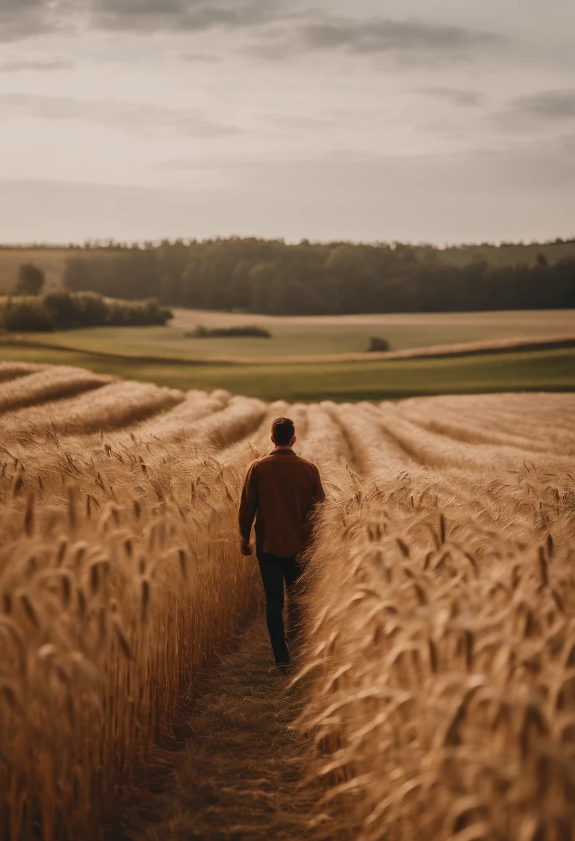 a lifestyle shot of a person walking through a wheat field, surrounded by the tall stalks, capturing the sense of being immersed in the beauty of nature