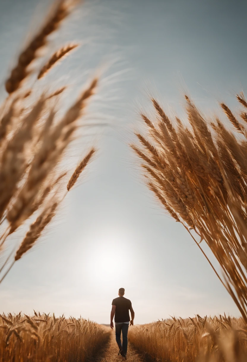 a lifestyle shot of a person walking through a wheat field, surrounded by the tall stalks, capturing the sense of being immersed in the beauty of nature
