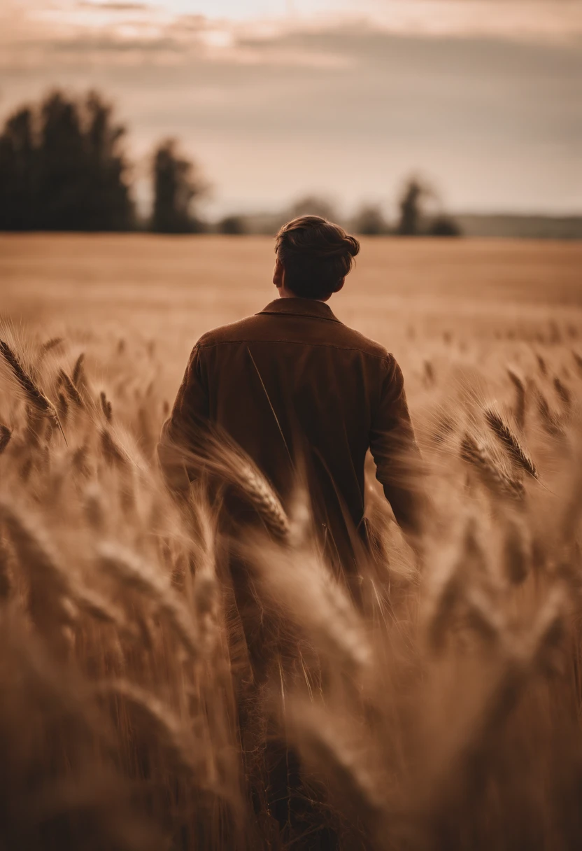 a lifestyle shot of a person walking through a wheat field, surrounded by the tall stalks, capturing the sense of being immersed in the beauty of nature