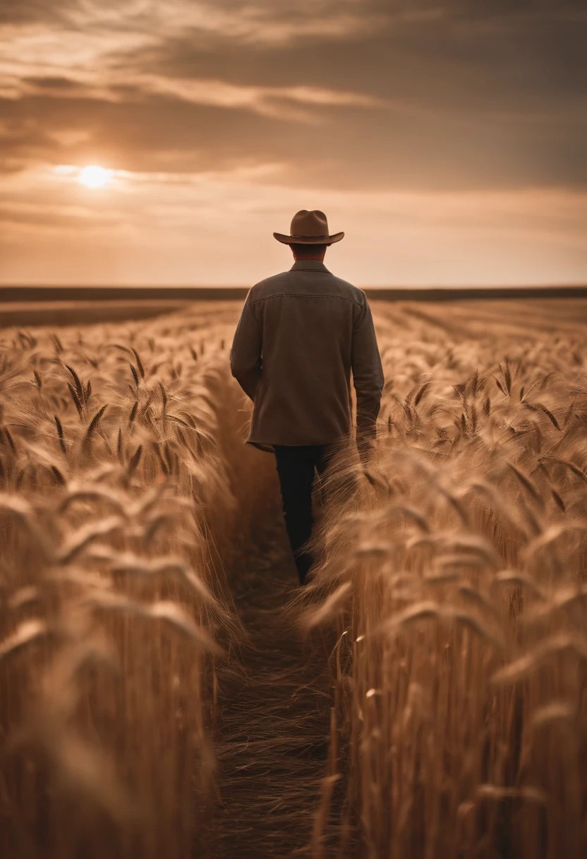 a lifestyle shot of a person walking through a wheat field, surrounded by the tall stalks, capturing the sense of being immersed in the beauty of nature
