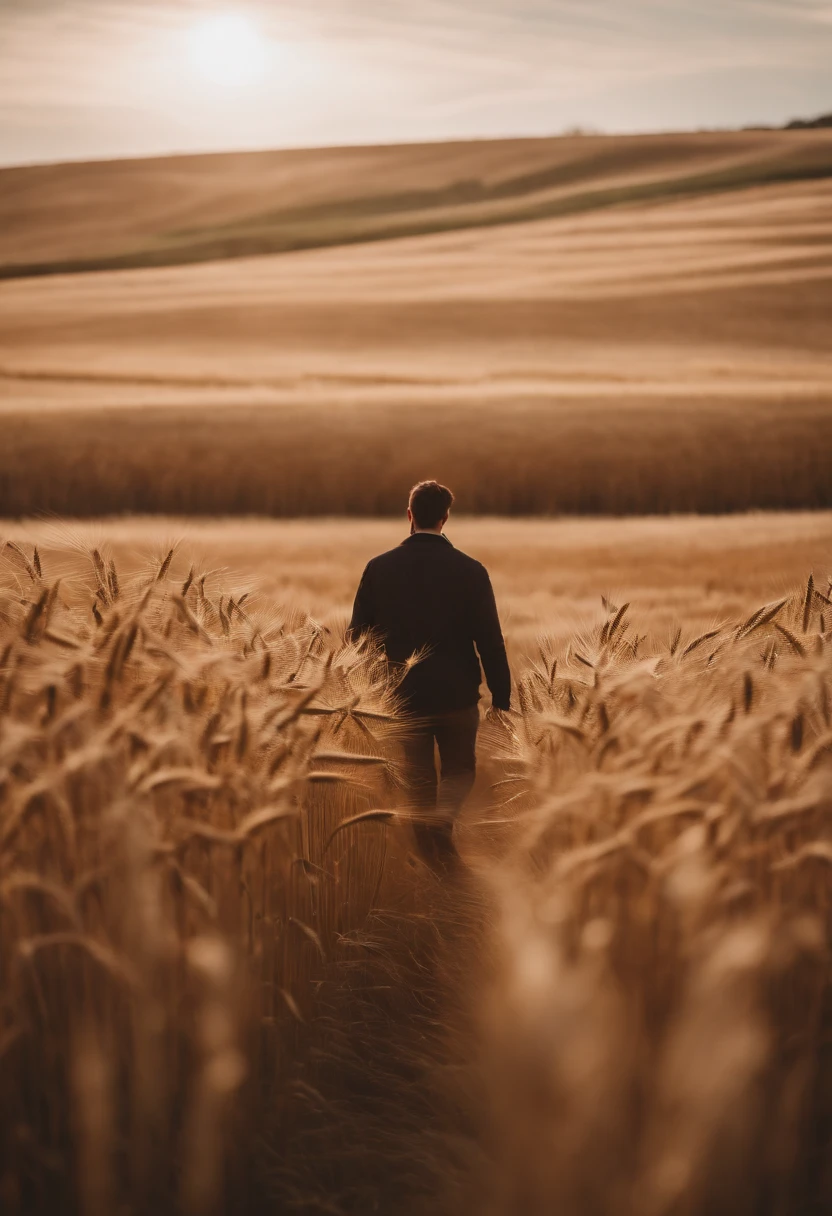 a lifestyle shot of a person walking through a wheat field, surrounded by the tall stalks, capturing the sense of being immersed in the beauty of nature