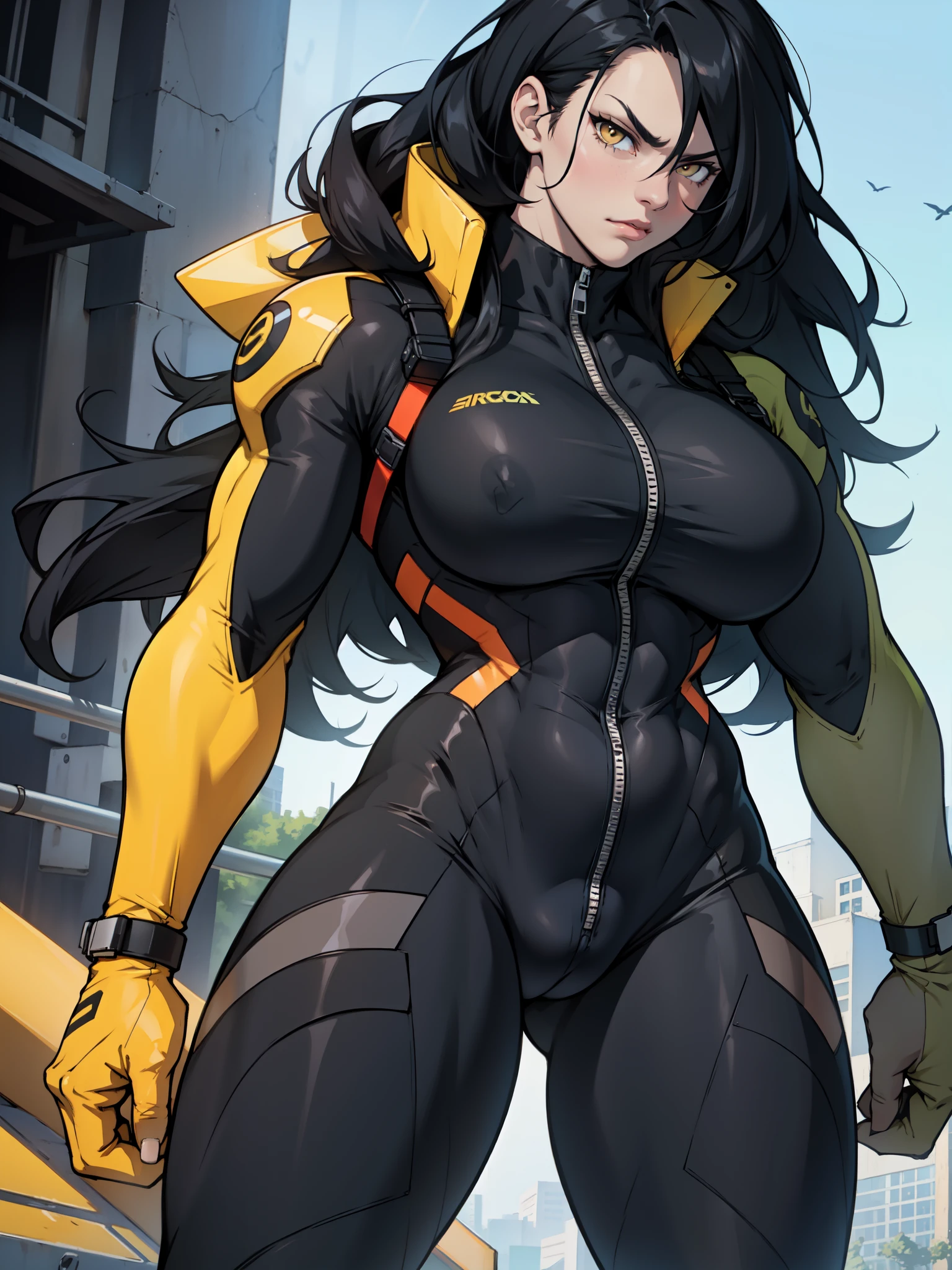 best quality best quality best quality black hair yellow eyes pale skin muscular huge greasts thick thighs angry solo extremely long hair girl body suit highly detailed highly detailed thick thick