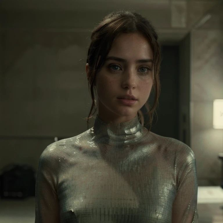 (best quality,highres,masterpiece:1.2),ultra-detailed,realistic,Ana de Armas with light hair,green eyes and freckles,super realistic,illustration of the character from the movie "Blade Runner 2049"[futuristic],action movie
