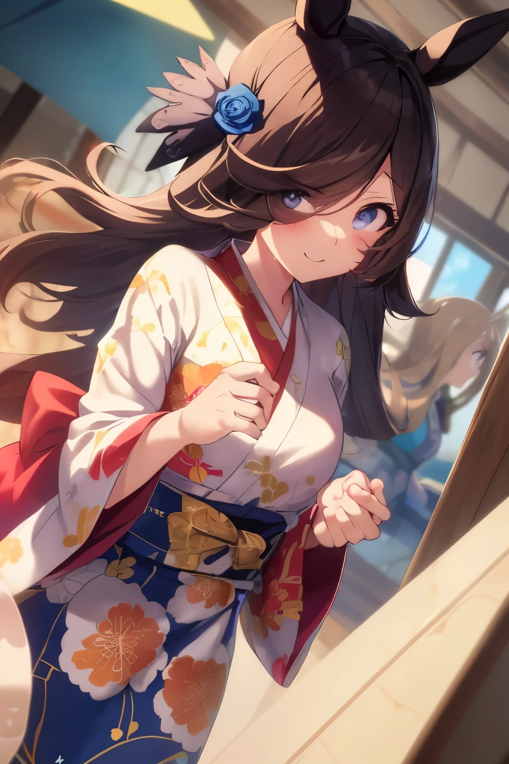 (masutepiece.top-quality).(Dynamic Angle). (Very spectacular detail CG painting),(image perfect)、comic strip.Illustration.Girl with small breasts.Detailed face、face perfect.delicated face、A small-breasted girl wearing a Japanese costume、((繊細なJapanese dressを着た胸の小さな女の子))、Textured skin、Black hair is long hair、(Horse-eared girl)Horse-eared girl、((Beautiful blue eyes)).Delicate and beautiful eyes、Eyes written in detail、Reflected eyes、smil.(gazing at viewer:1.3).(A little red in the face:0.8)、8k wallpaper、cowboy shot、Reflected Light、highestdetailed、Convoluted、Delicate background、Textured skin、Detailed skin、(ultra res)、(Japanese dress)、Komono、Yukata、Japanese dress、Japanese dress、Sunny Clothes、Bright background