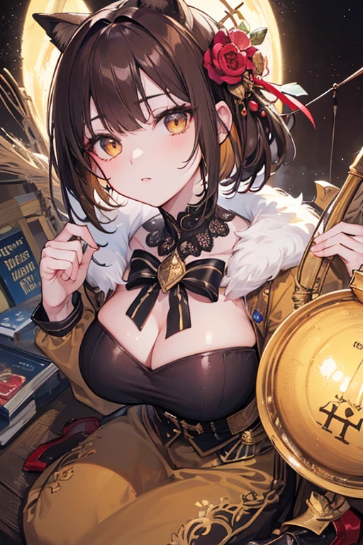 (hyper realisitic), (Illustration), (High resolution), (8K), (Extremely detailed), (Best Illustration), (Beautiful detailed eyes), (Best Quality), (Ultra-detailed), (masutepiece), (Wallpaper), (Detailed face), Solo 1 Girl, Big breasts, Upholstered round metal Bow , Fur collar, (holding a large wooden bow), Beautiful powerful eyes, Beautiful skin, Brown hair, golden eyes (full body), ((war bow))