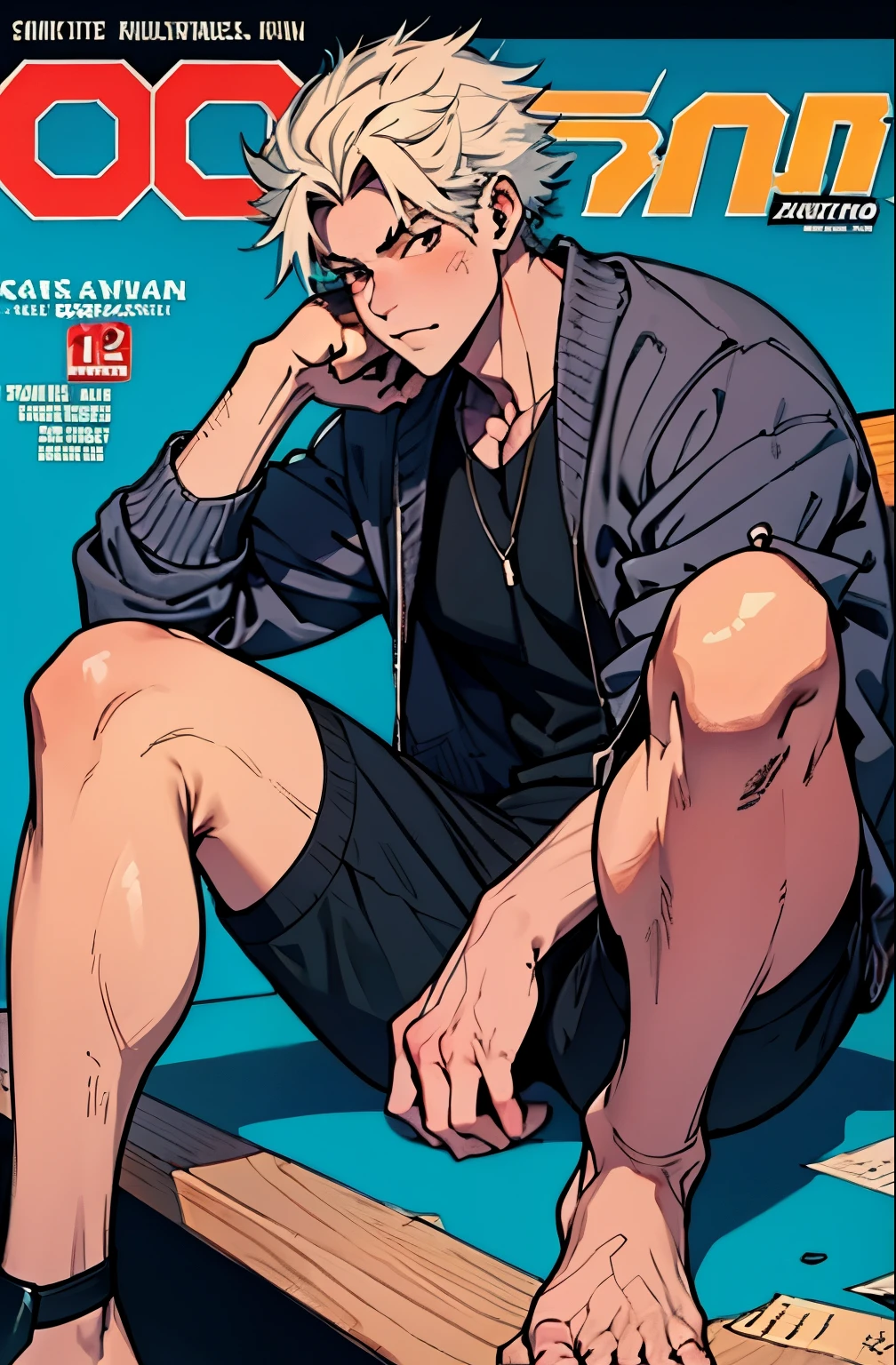 a mais alta qualidade, 8k, image high resolution, Jujutsu kaisen estilo anime , Arataki Itto, Detailed strokes, fundo desfocado, (a magazine cover style), purple light reflecting on him , (angulo de perto), 1 homem, jovem, masculo, modelo, bandeide na boca, sitting on a sofa , multicolored background with various geometric shapes , stikers em volta, musculoso, cabelo vermelho, vestindo uma jaqueta fria , olhos marcantes , com a camisa, Peito inchado